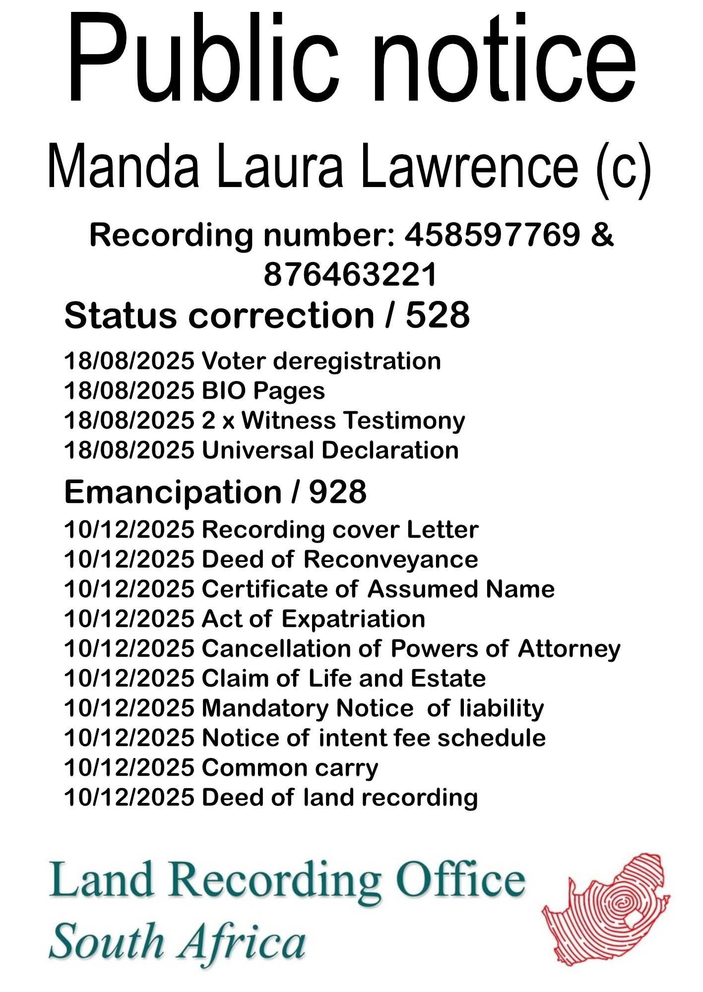 Public notice Manda Laura Lawrence Recording number 458597769 & 876463221